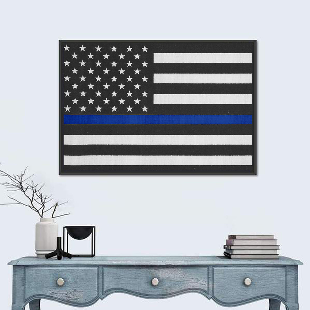 Monochrome American Flag with Blue Stripe Wall Art in a room, landscape