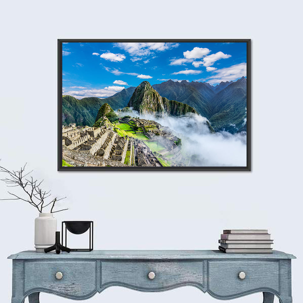 Machu Picchu Among Mountain Clouds Wall Art in a room, landscape