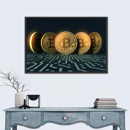 Five Golden Bitcoins on Circuit Board Wall Art