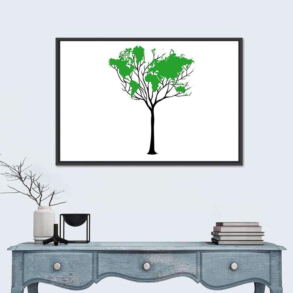 World Map Tree with Green Canopy Wall Art in a room, landscape