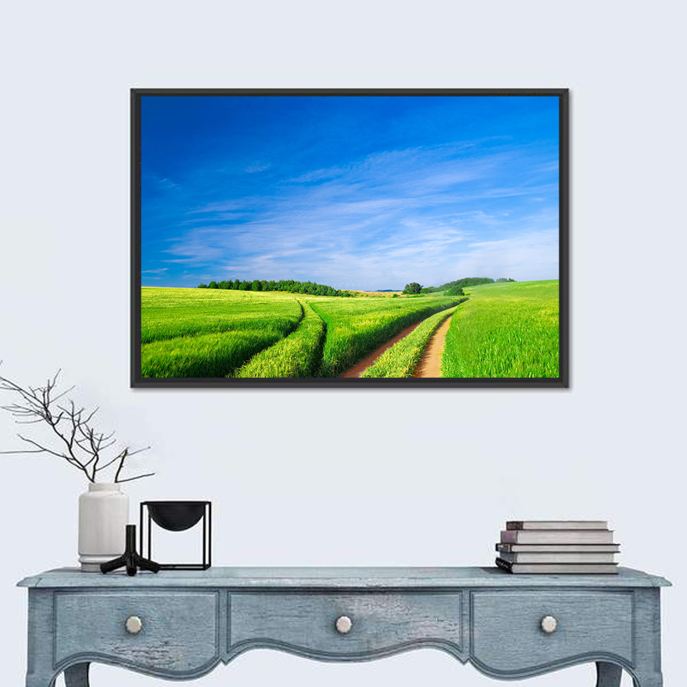 Summer Meadow with Dirt Path Wall Art in a room, landscape