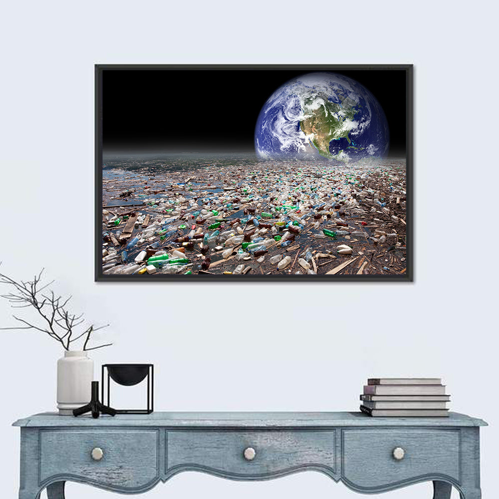Earth Sinking Into Plastic Ocean Wall Art in a room, landscape