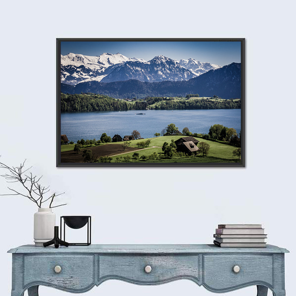 Alpine Lake View with Meadows Wall Art in a room, landscape
