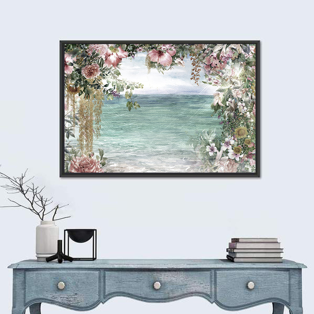 Coastal Floral Watercolor Seascape Wall Art in a room, landscape