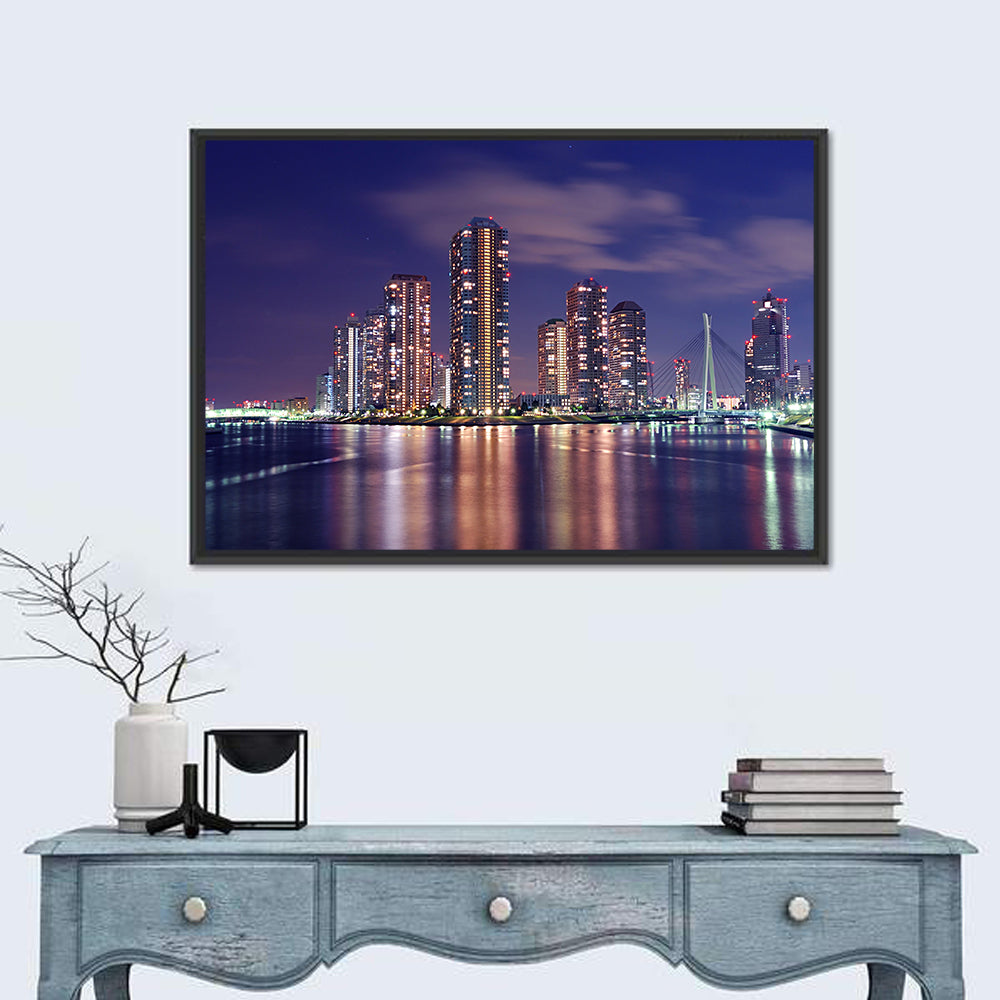 Tokyo Night Skyline Wall Art in a room, landscape