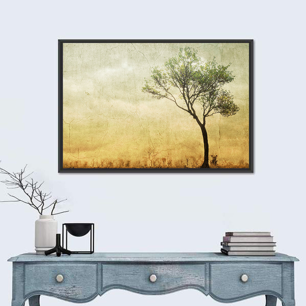 Surreal Tree with Cracked Paint Texture Wall Art in a room, landscape