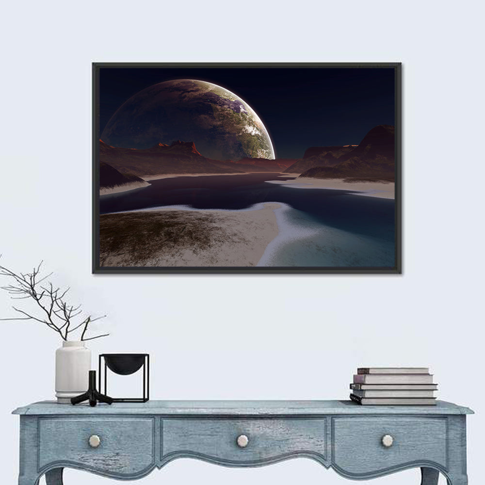 Alien Moonrise Over Lake Wall Art in a room, landscape