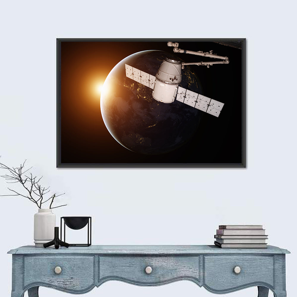 Satellite Over Earth at Sunrise Wall Art in a room, landscape