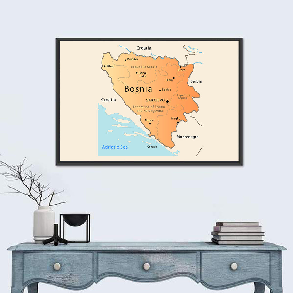 Map of Bosnia and Herzegovina Wall Art in a room, landscape