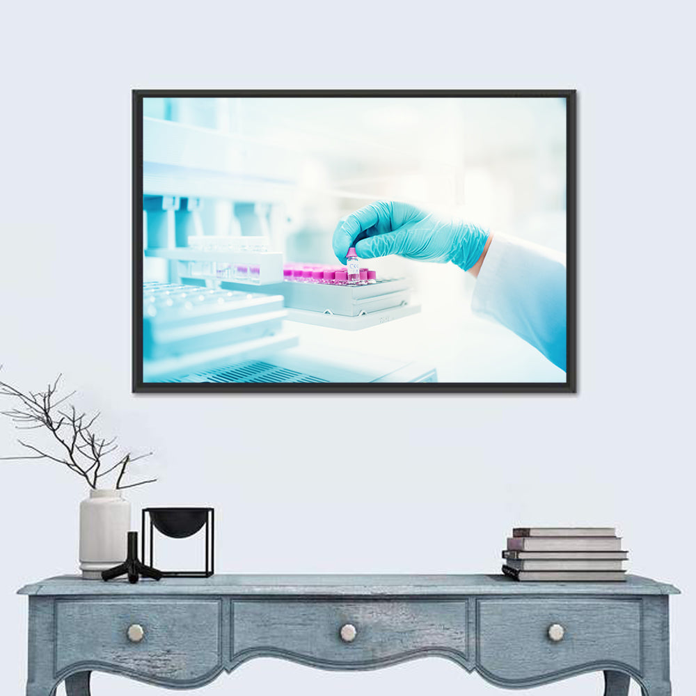 Gloved Hand Placing Vial in Laboratory Wall Art in a room, landscape