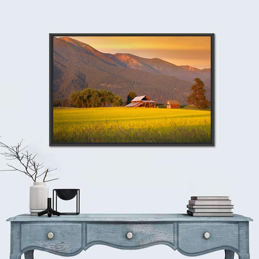 Rapeseed Field and Barn at Golden Hour Wall Art in a room, landscape