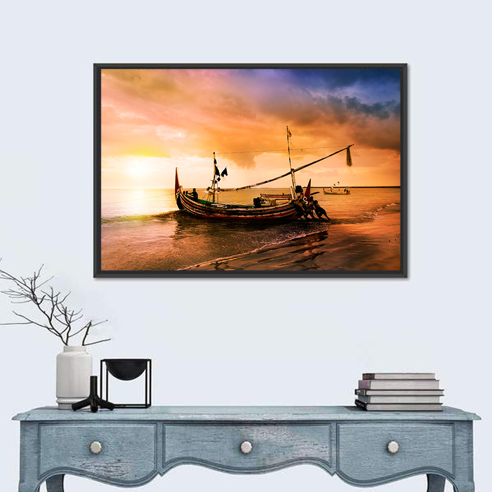 Fishing Boat on Bali Beach Wall Art in a room, landscape