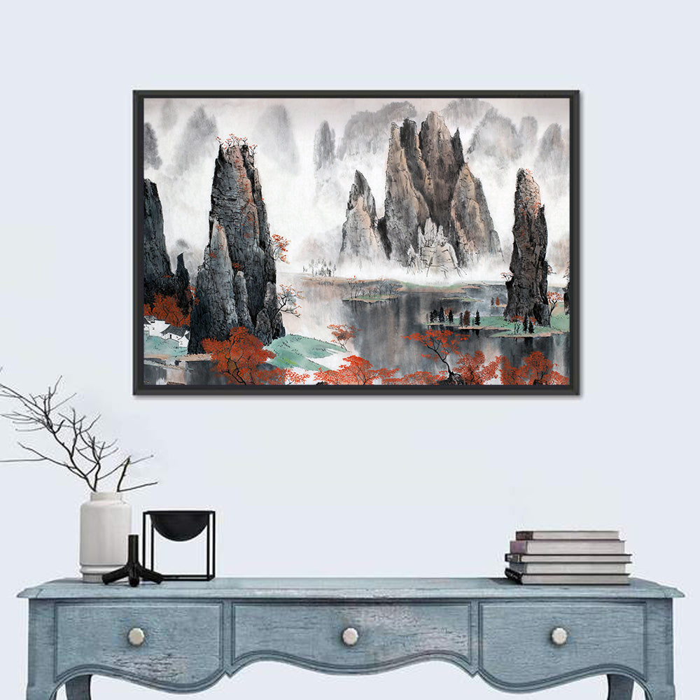 Autumn Mist Over Mountain Lake Wall Art in a room, landscape
