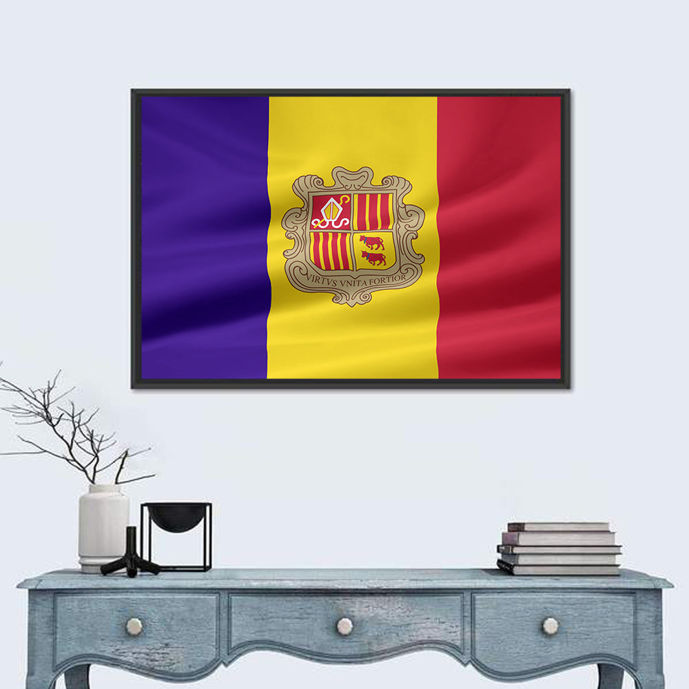 Andorra Flag with Coat of Arms Wall Art in a room, landscape