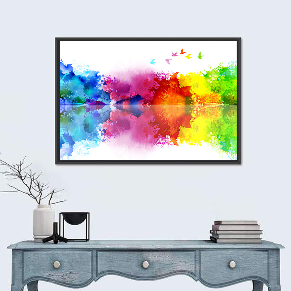 Mirrored Flock of Birds Watercolor Wall Art in a room, landscape