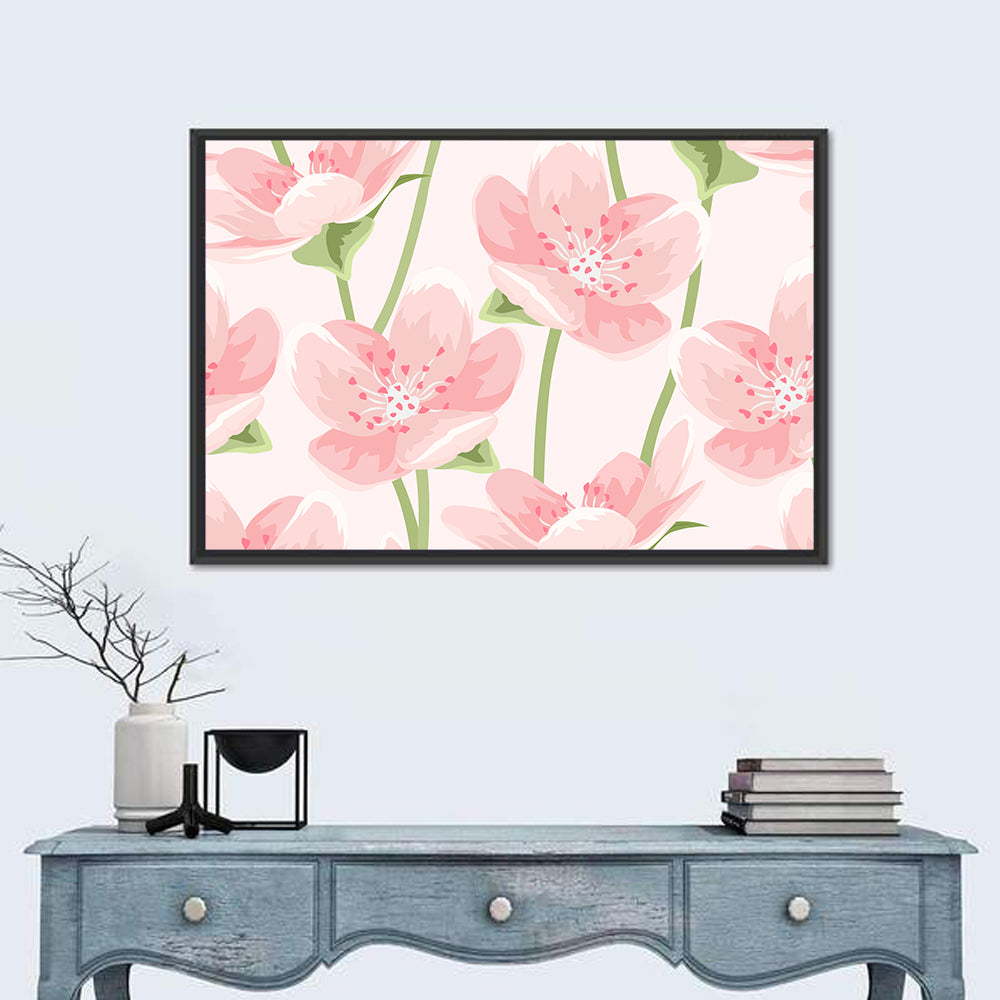 Spring Pink Sakura Magnolia Pattern Wall Art in a room, landscape