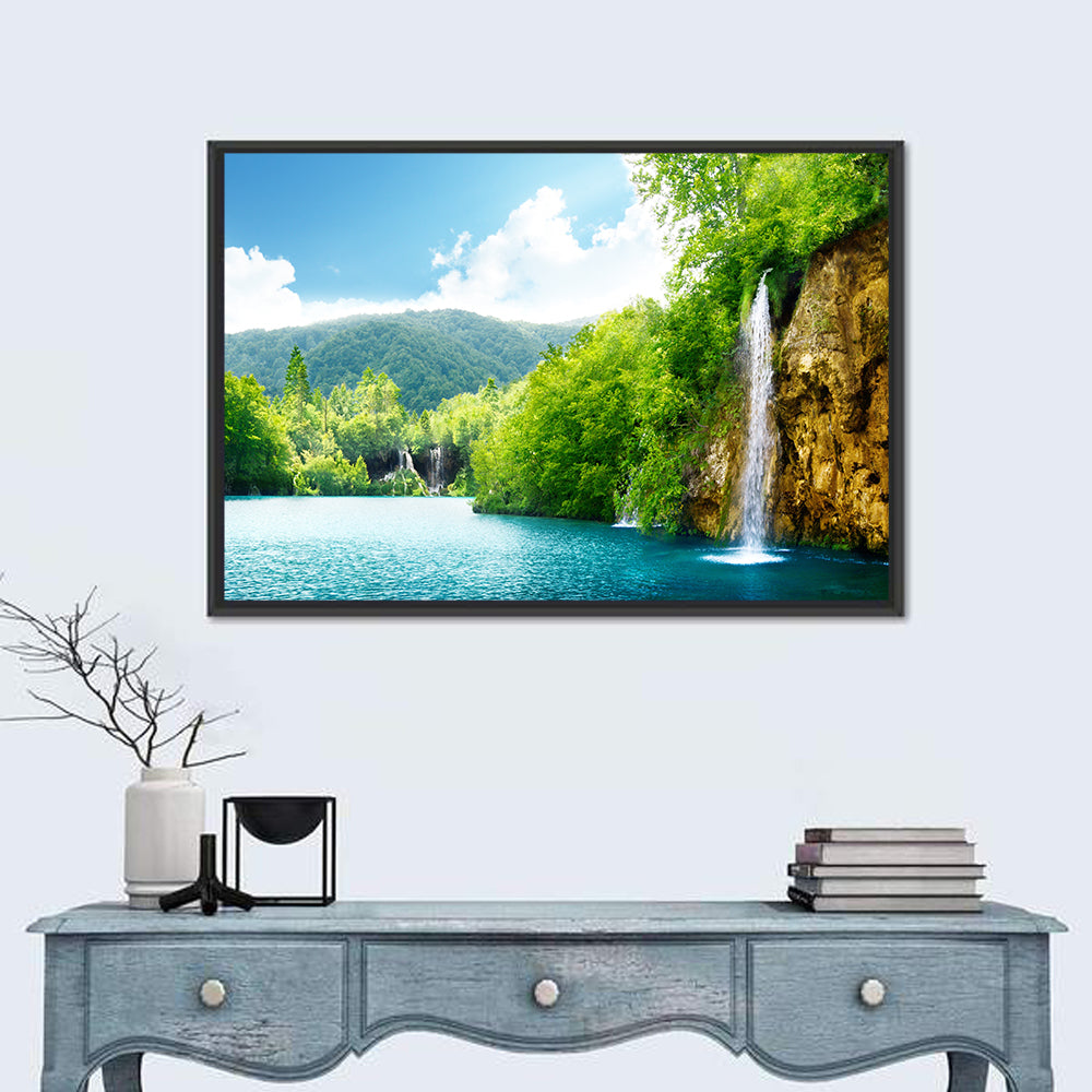 Plitvice Lakes Waterfall Wall Art in a room, landscape