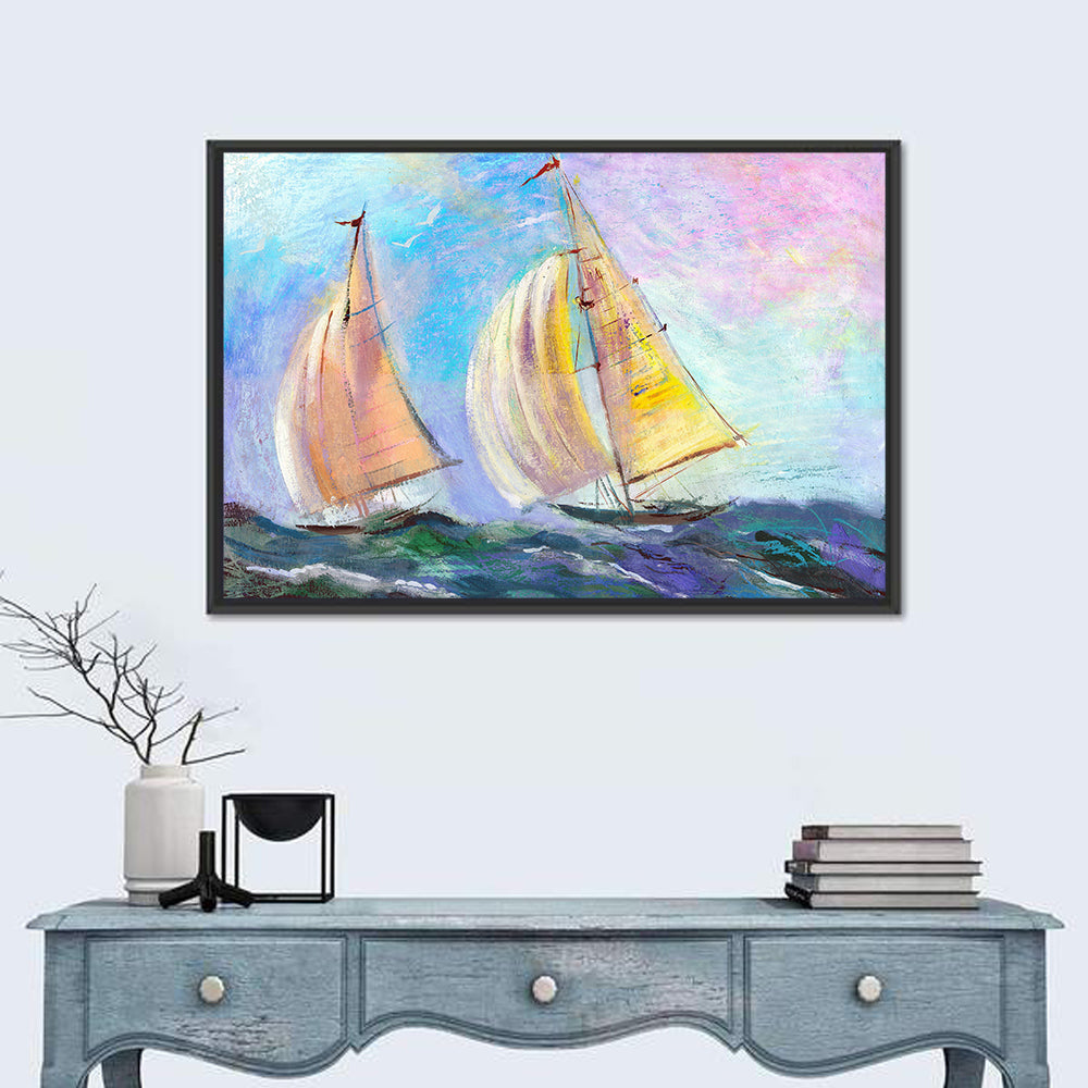 Two Sailboats in Colorful Seascape Wall Art in a room, landscape