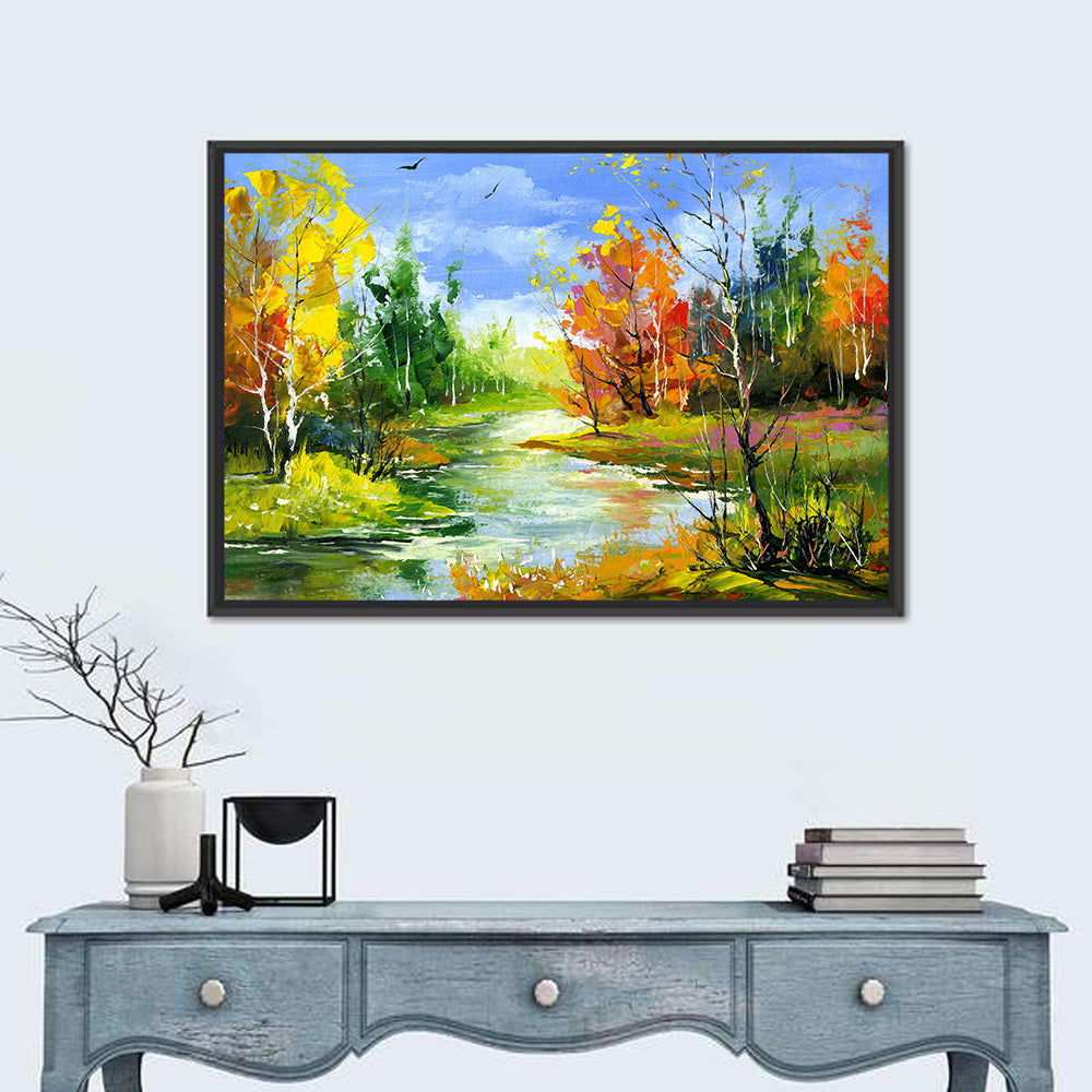 Winding Autumn Stream Wall Art in a room, landscape