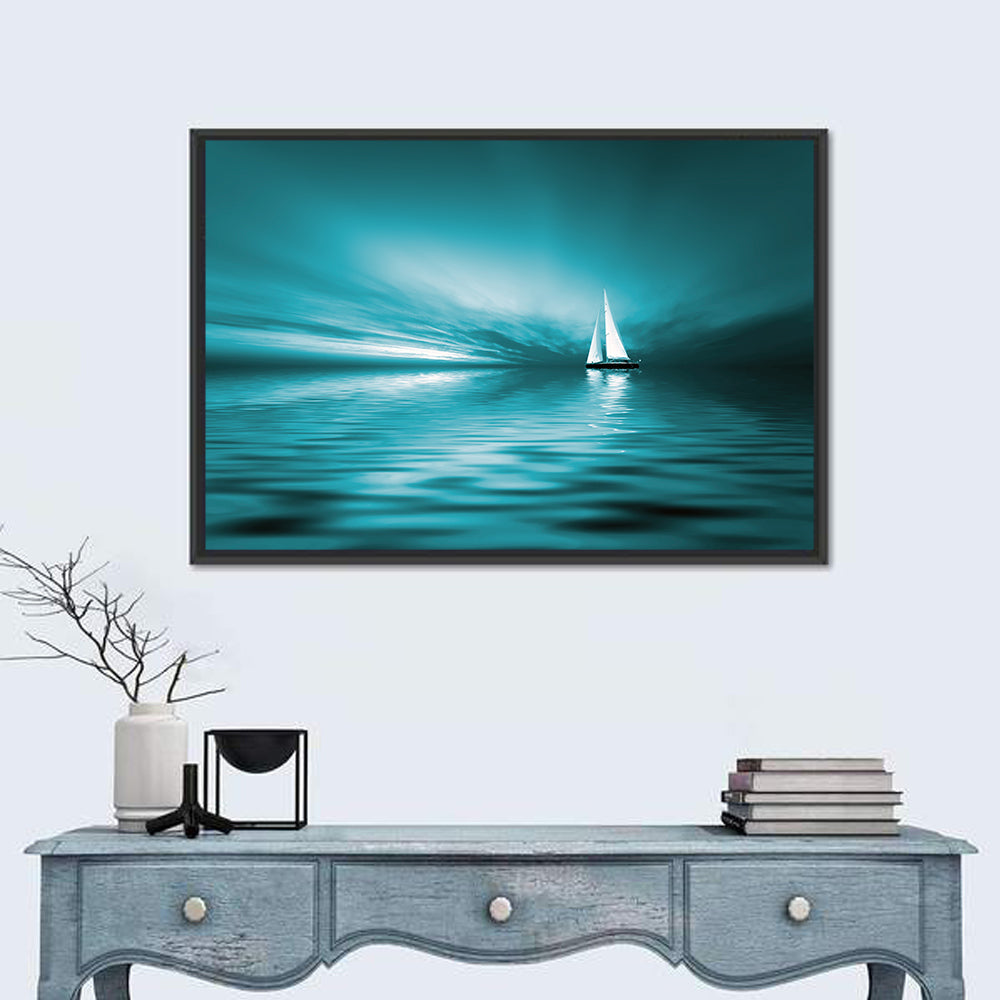 Sunset Sailboat Silhouette Wall Art in a room, landscape