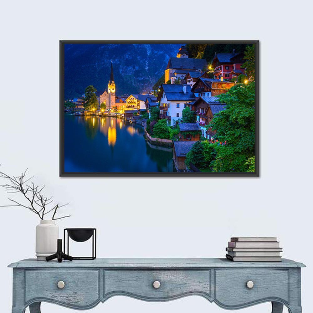 Hallstatt Lakeside at Dusk Wall Art in a room, landscape