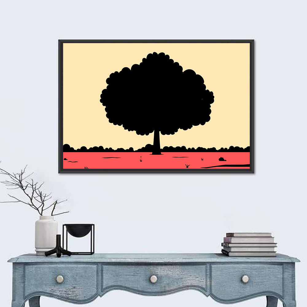 Red Horizon Tree Silhouette Wall Art in a room, landscape