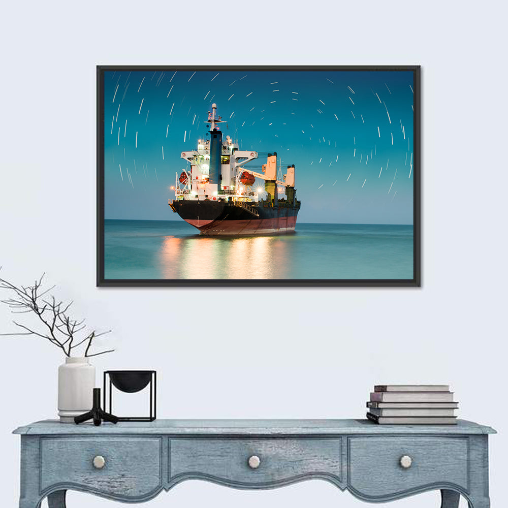 Cargo Ship Under Star Trail Sky Wall Art