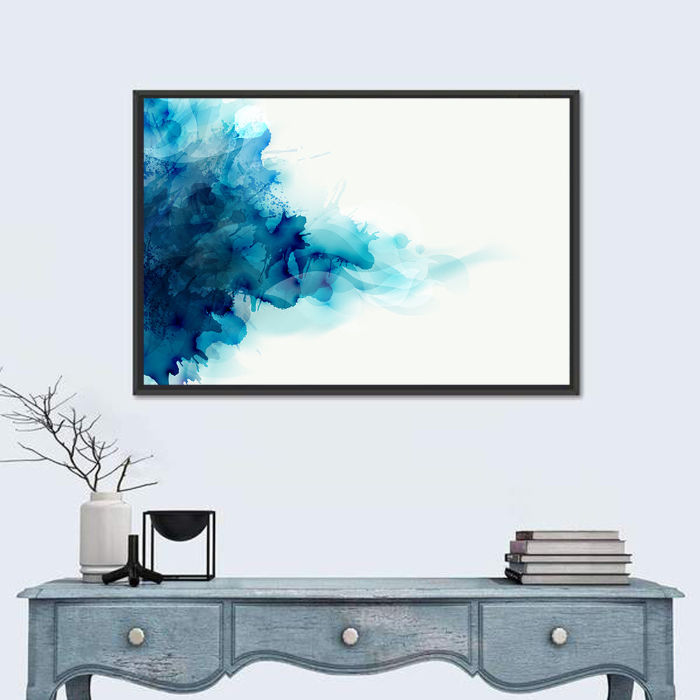 Blue Watercolor Ink Blot Wall Art in a room, landscape