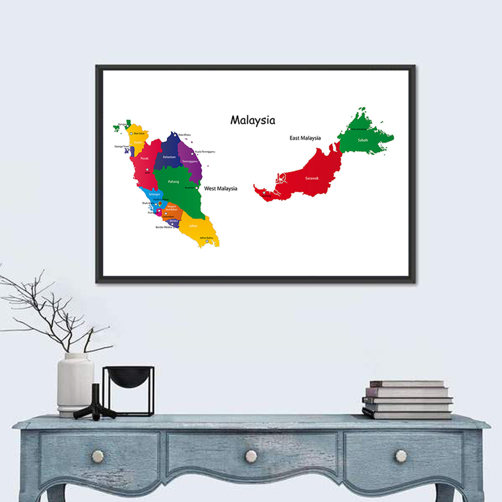 Two-part Malaysia Map Wall Art in a room, landscape