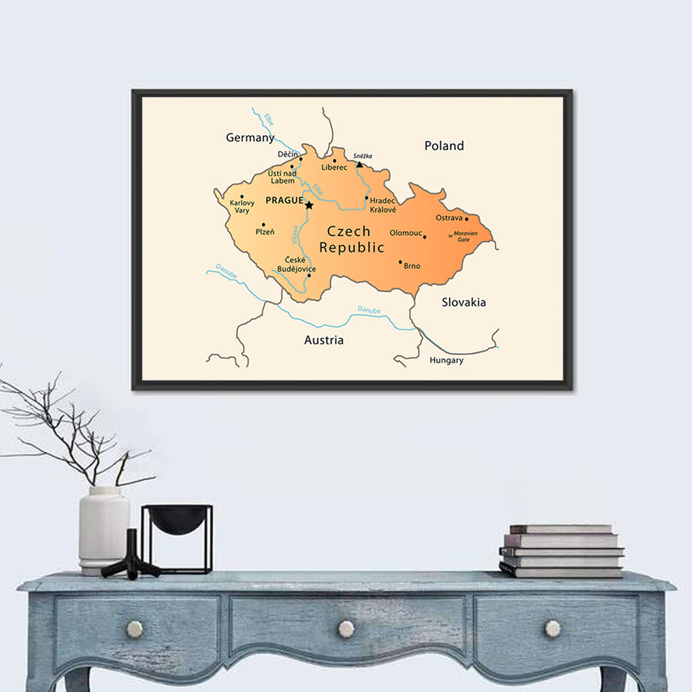 Minimalist Czech Republic Map Wall Art in a room, landscape