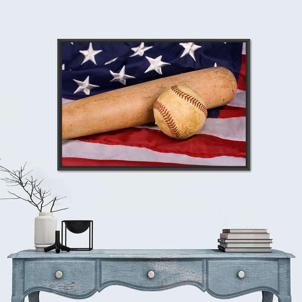 Baseball and Bat on American Flag Wall Art in a room, landscape