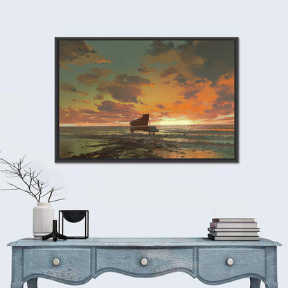 Piano on the Beach at Sunset Wall Art