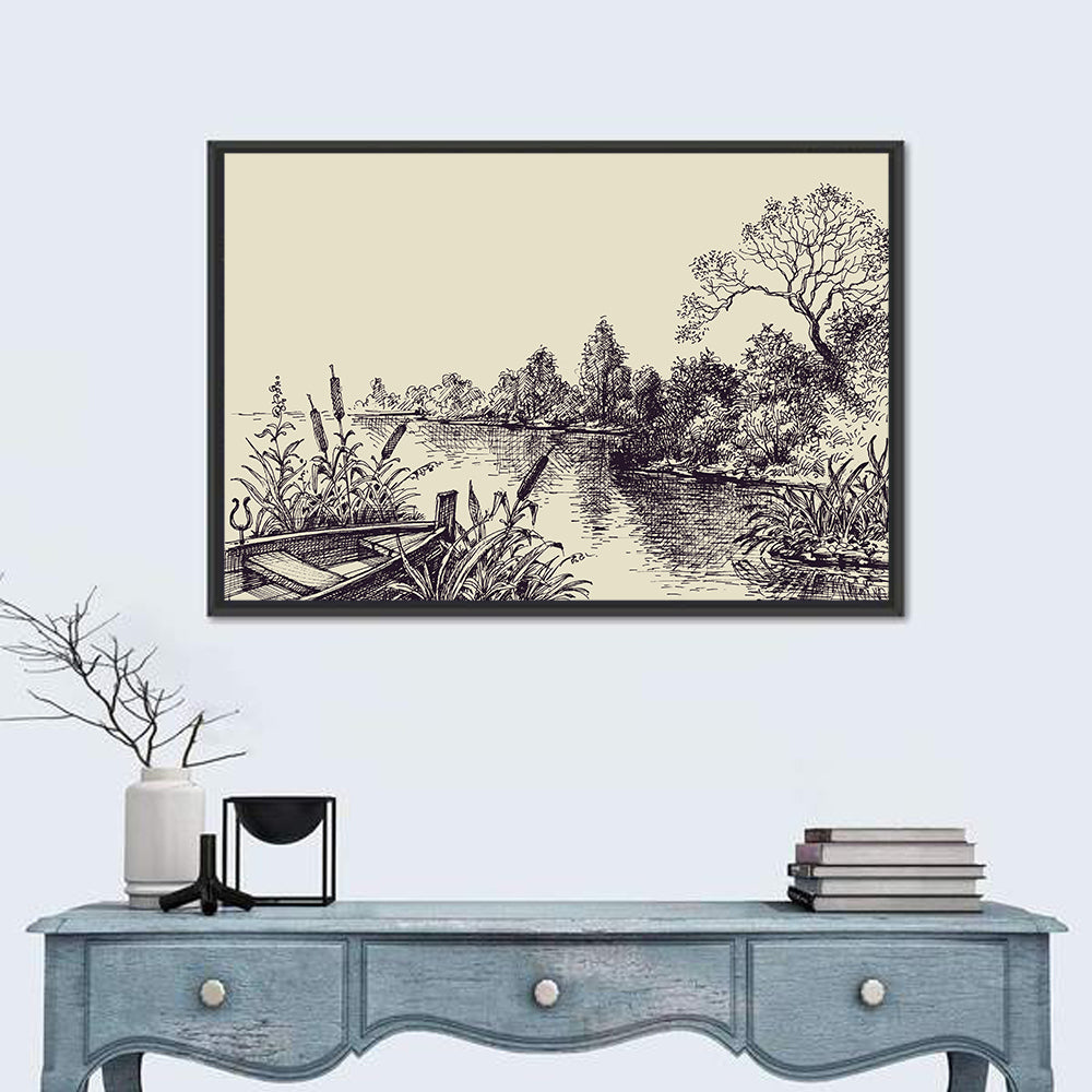Ink Sketch Rowboat on Lake Wall Art