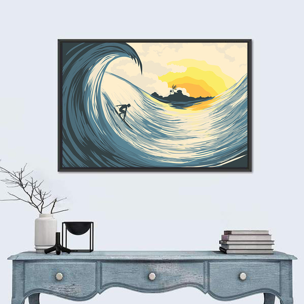 Tropical Sunset Surf Scene Wall Art in a room, landscape