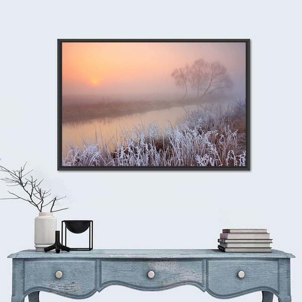 Misty Morning on the River Wall Art in a room, landscape