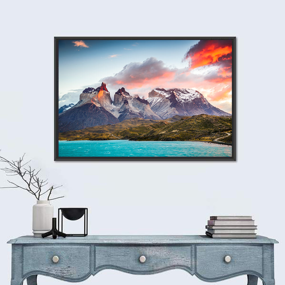 Torres Del Paine Sunset Wall Art in a room, landscape