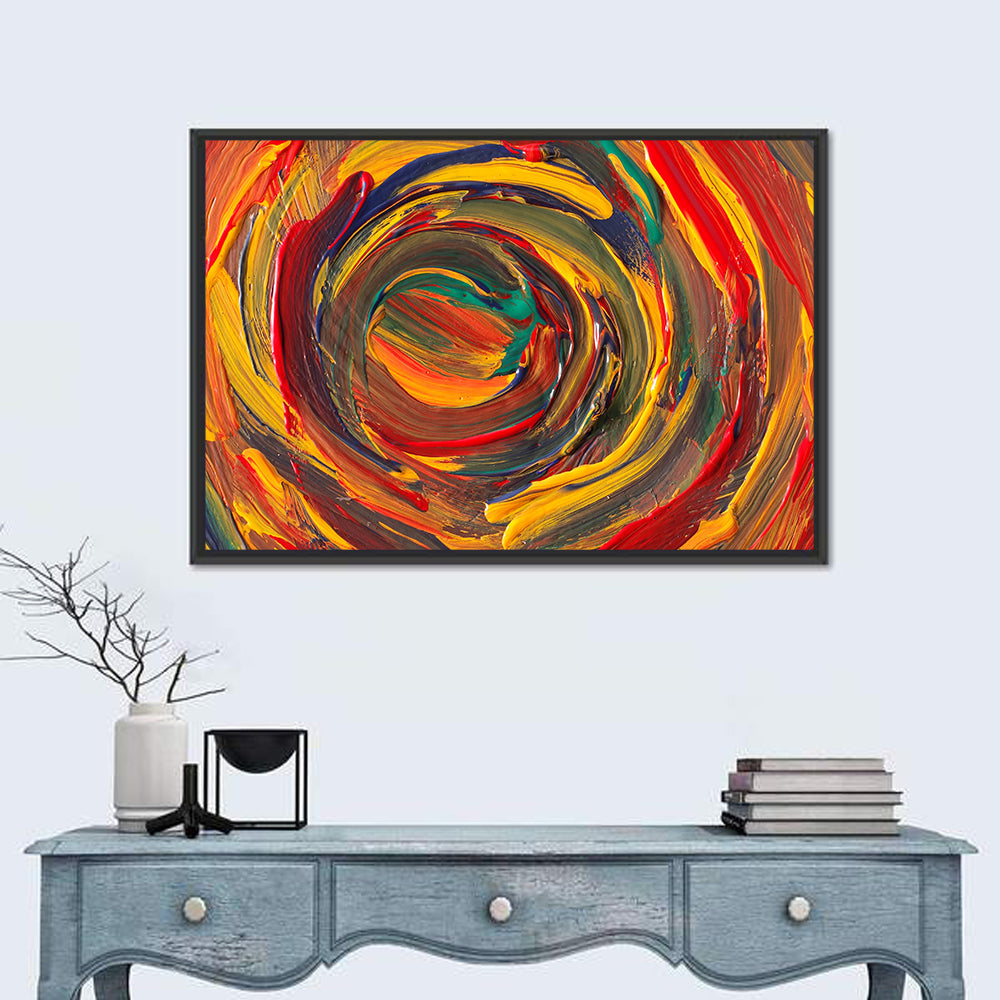 Vibrant Spiral Vortex Abstract Wall Art in a room, landscape