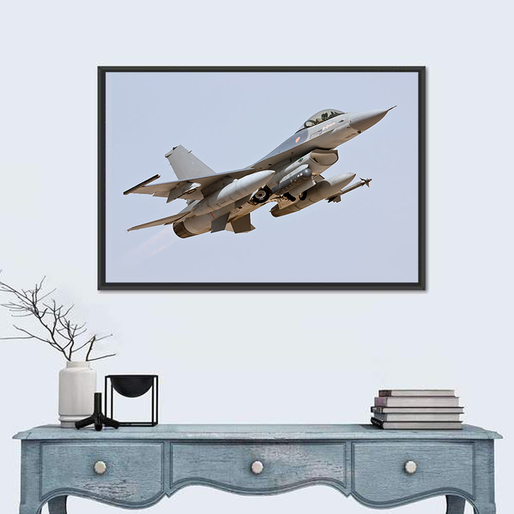 F-16 Fighter Jet Banking Over Sky Wall Art