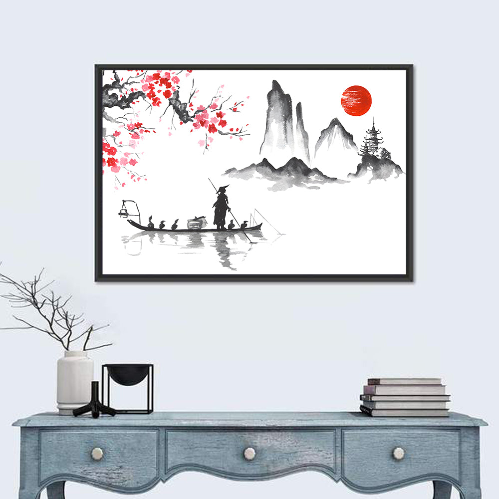Ink Wash Fishing Boat with Red Sun Wall Art in a room, landscape
