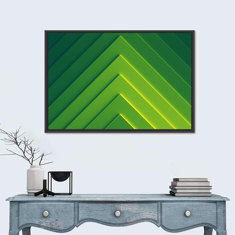 Green Chevron Geometric Abstract Wall Art in a room, landscape