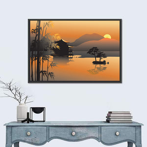 Illustrated Asian Lake With Sunset Wall Art