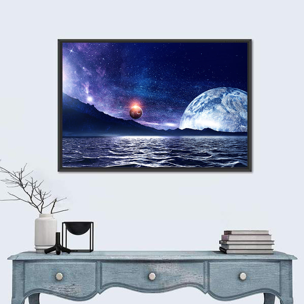 Hidden Moon Over Alien Sea Wall Art in a room, landscape