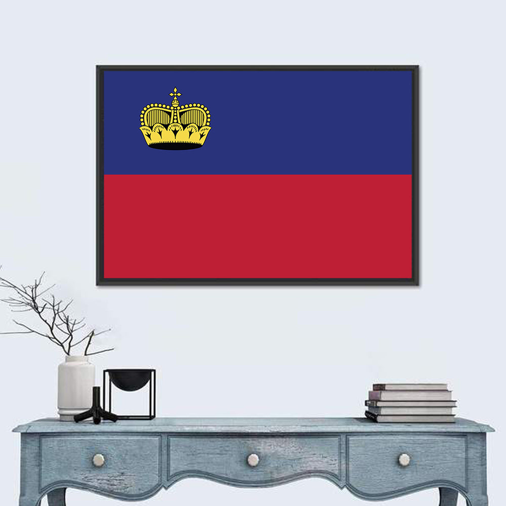 Liechtenstein Flag with Gold Crown Wall Art in a room, landscape