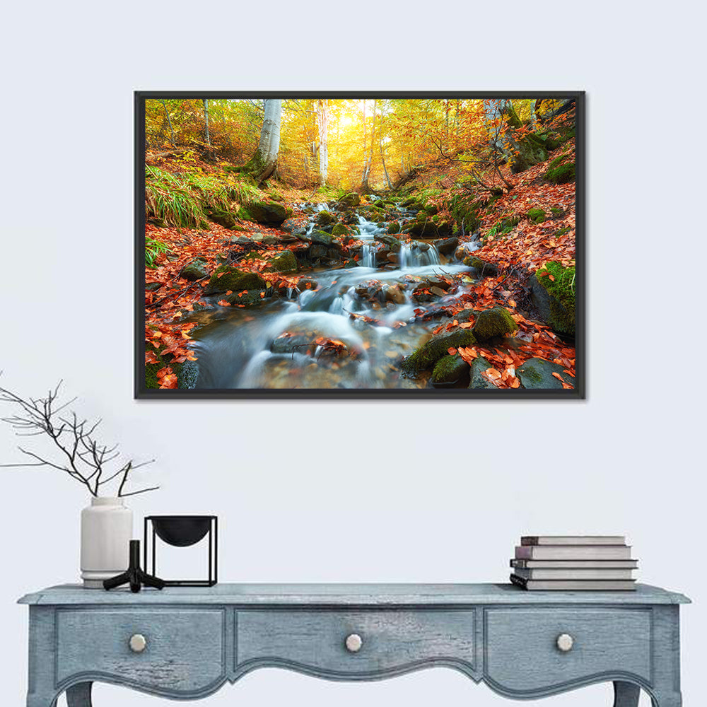 Backlit Autumn Forest Stream Wall Art in a room, landscape