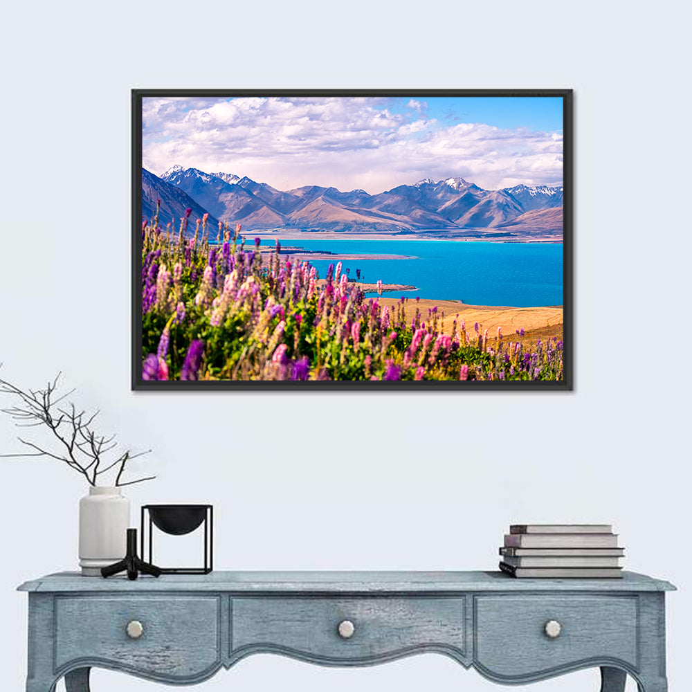 Lake Tekapo Lupine Meadow Wall Art in a room, landscape