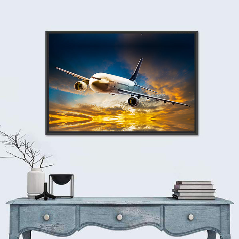 Jet Over Golden Cloudscape Wall Art in a room, landscape