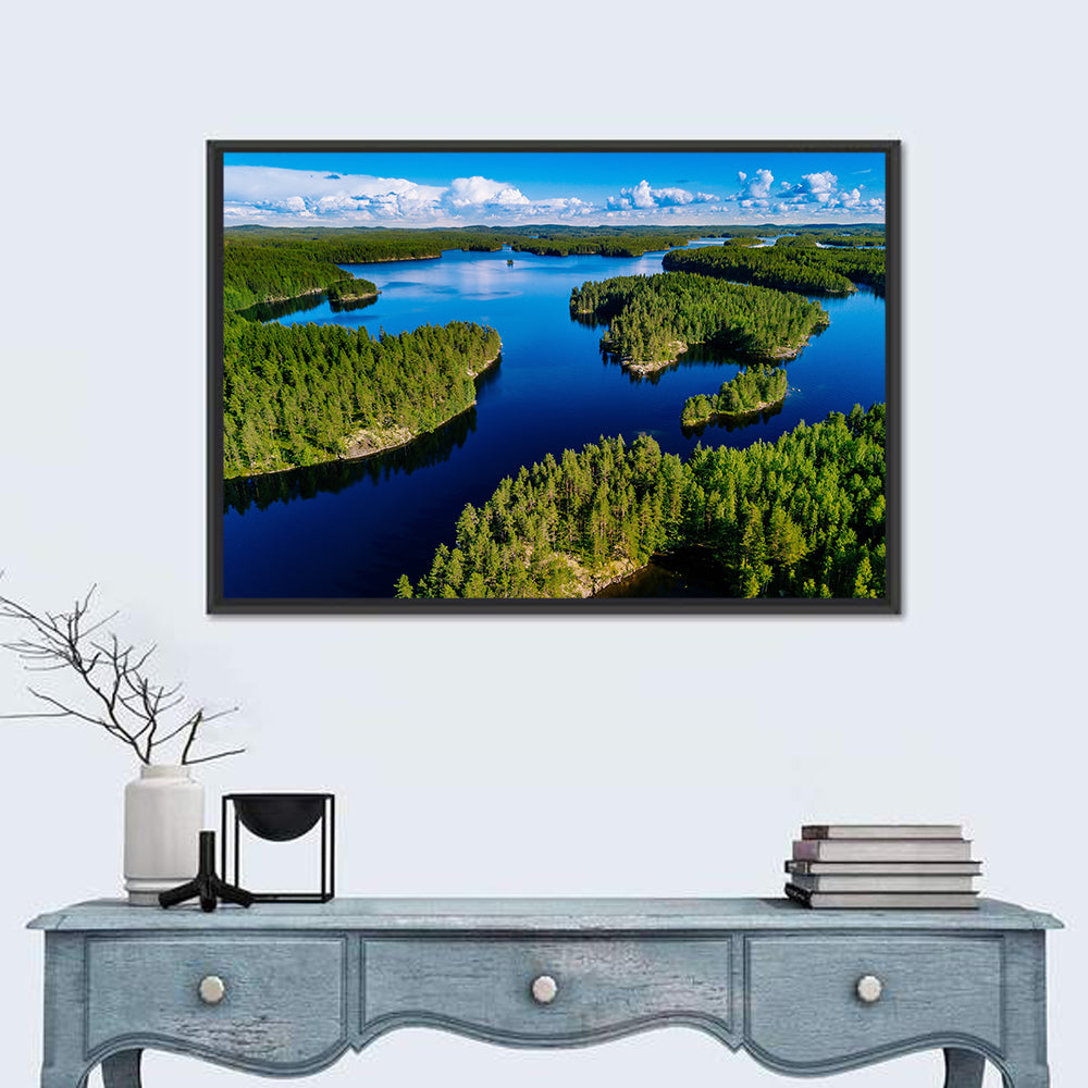 Blue Lakes and Green Forests, Finland Wall Art in a room, landscape