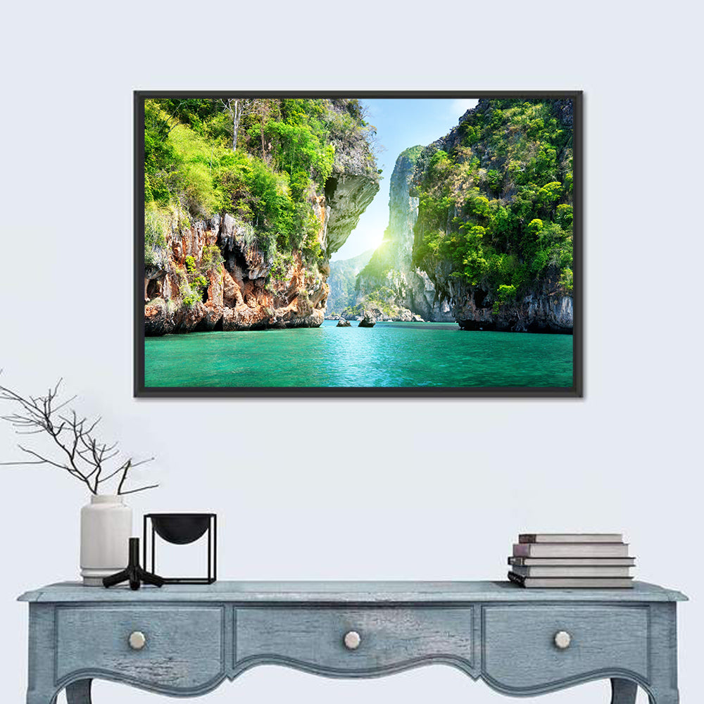 Krabi Cliffs and Teal Sea Wall Art in a room, landscape