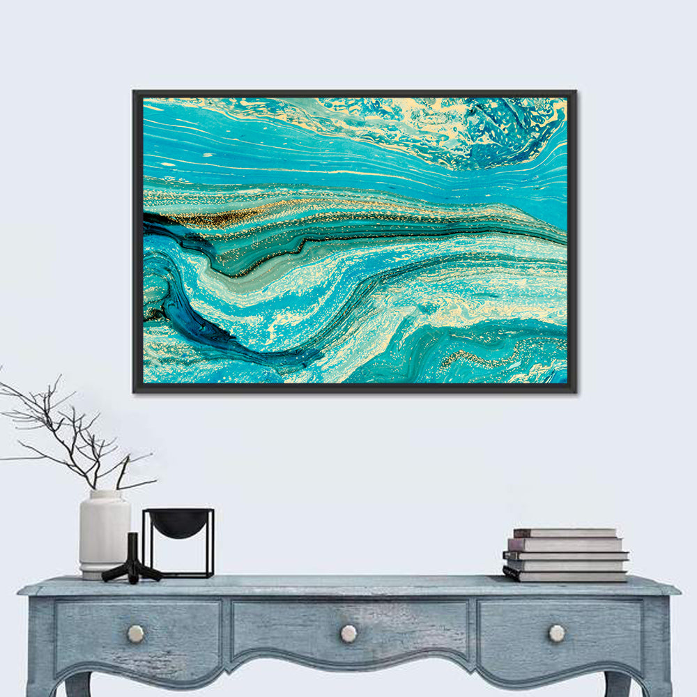 Teal Marble Waves Wall Art in a room, landscape