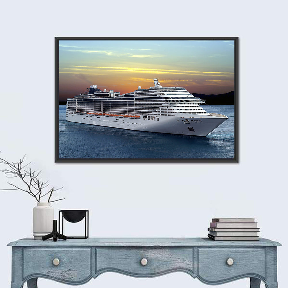 Cruise Ship at Sunset Wall Art in a room, landscape